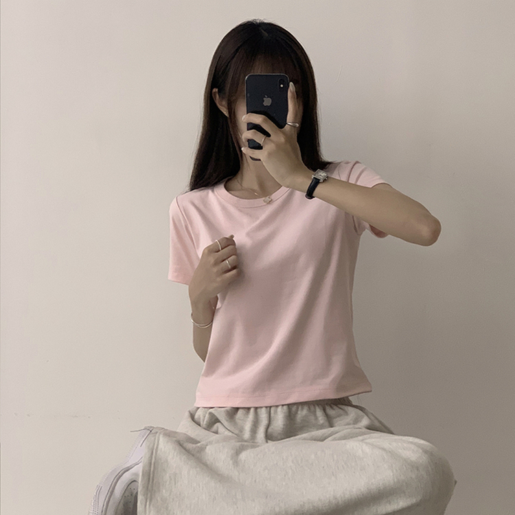 리아니 여름 라운드 면 데일리 무지 세미 크롭 반팔 티셔츠 7color 핑크