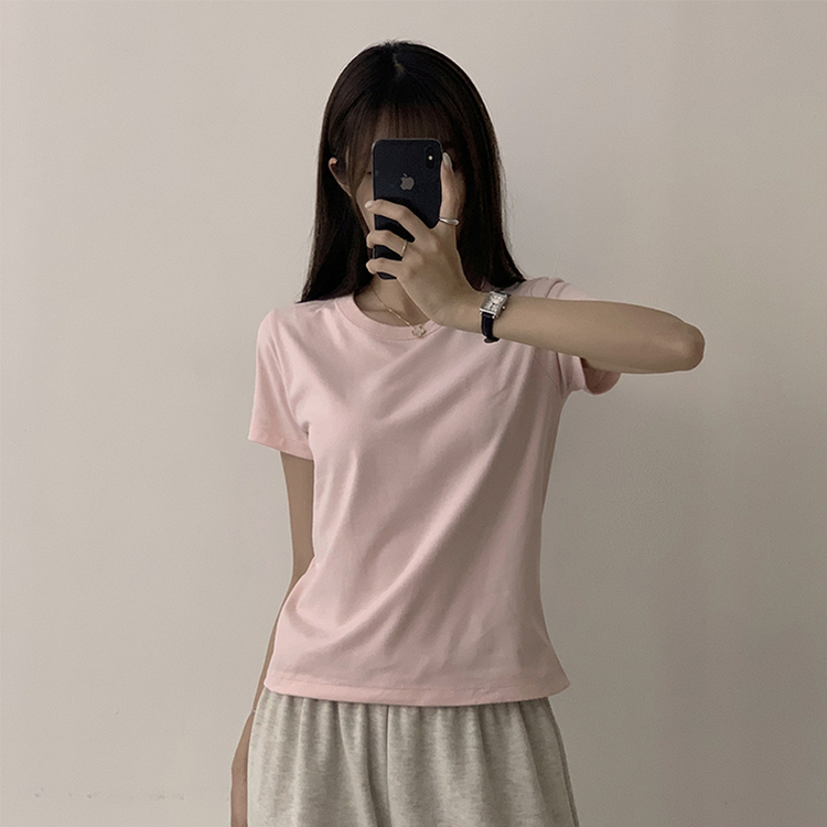 리아니 여름 라운드 면 데일리 무지 세미 크롭 반팔 티셔츠 7color 핑크