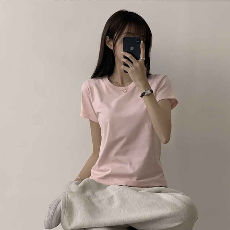 리아니 여름 라운드 면 데일리 무지 세미 크롭 반팔 티셔츠 7color 핑크