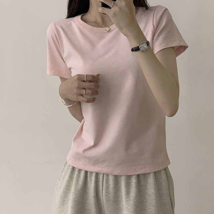 리아니 여름 라운드 면 데일리 무지 세미 크롭 반팔 티셔츠 7color 핑크