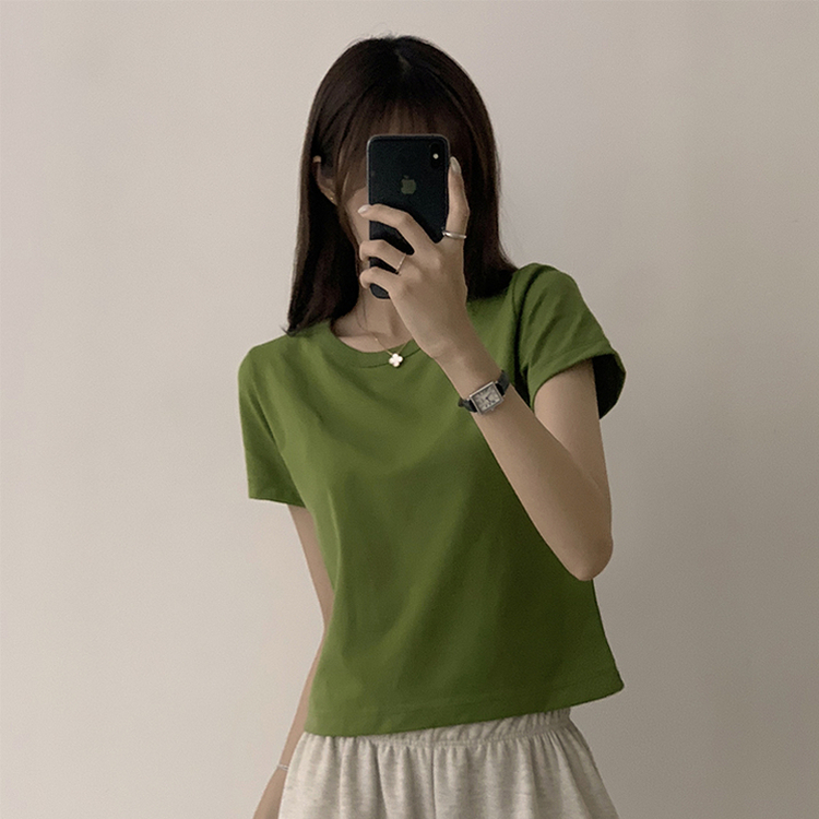 리아니 여름 라운드 면 데일리 무지 세미 크롭 반팔 티셔츠 7color 연두