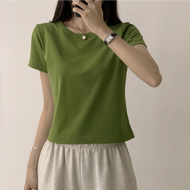리아니 여름 라운드 면 데일리 무지 세미 크롭 반팔 티셔츠 7color 연두