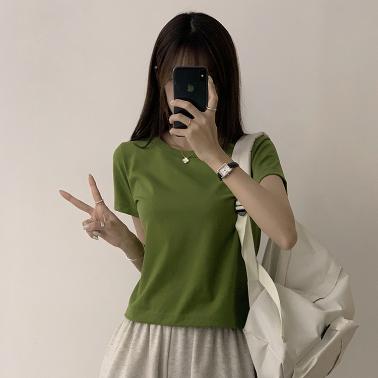리아니 여름 라운드 면 데일리 무지 세미 크롭 반팔 티셔츠 7color 연두