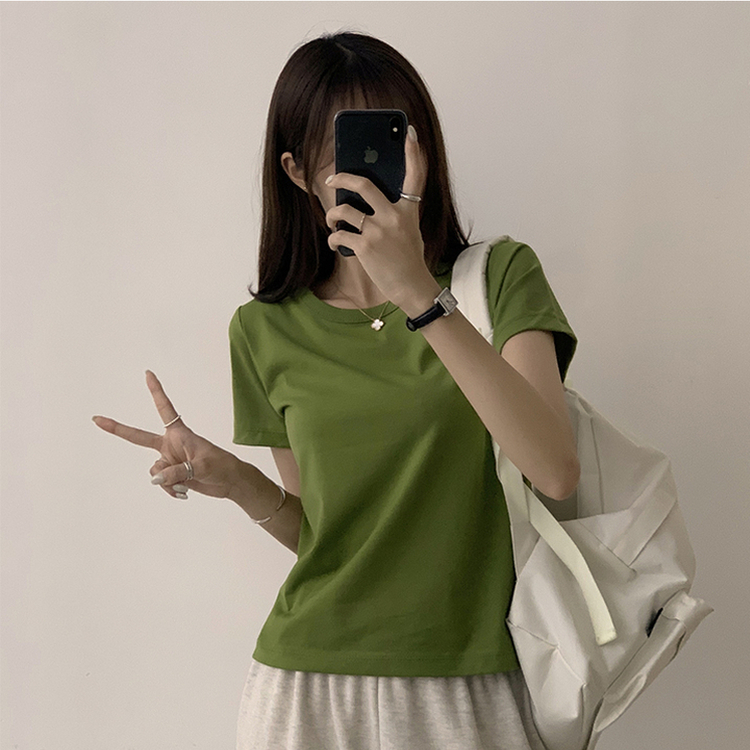 리아니 여름 라운드 면 데일리 무지 세미 크롭 반팔 티셔츠 7color 연두