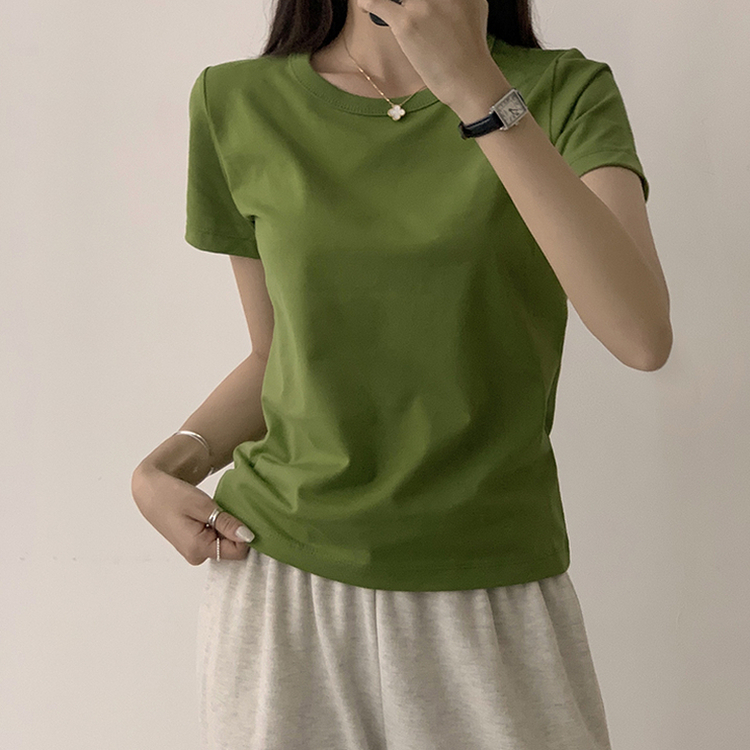 리아니 여름 라운드 면 데일리 무지 세미 크롭 반팔 티셔츠 7color 연두