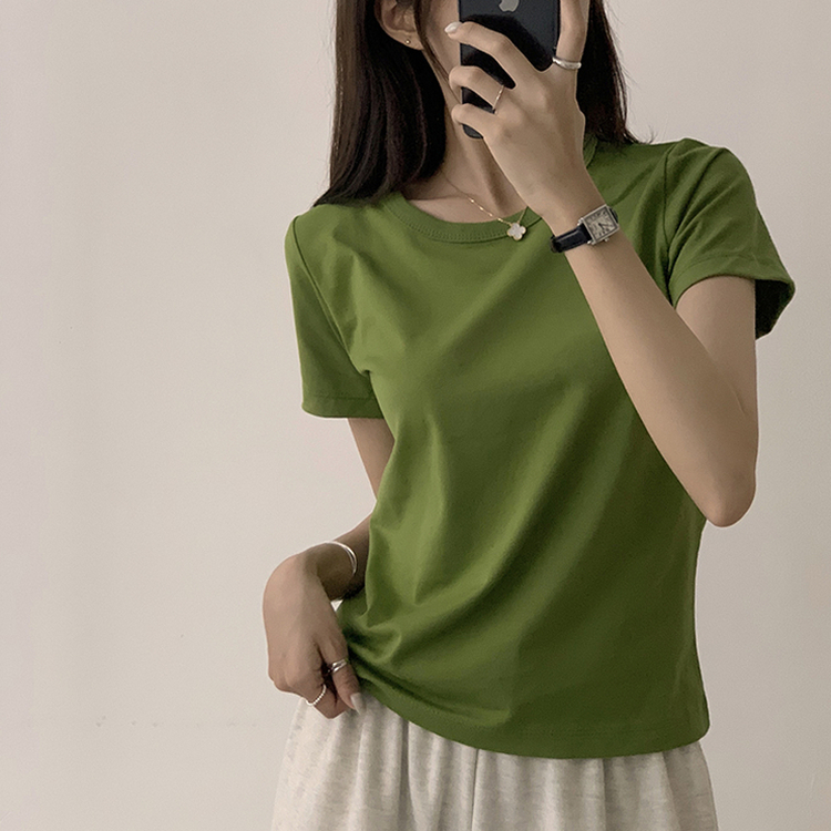 리아니 여름 라운드 면 데일리 무지 세미 크롭 반팔 티셔츠 7color 연두