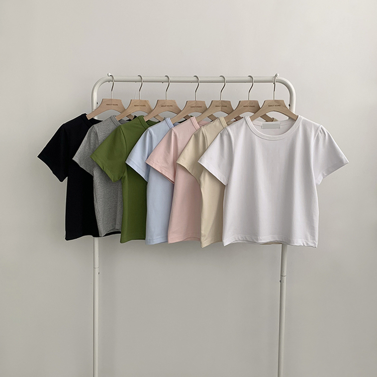 리아니 여름 라운드 면 데일리 무지 세미 크롭 반팔 티셔츠 7color