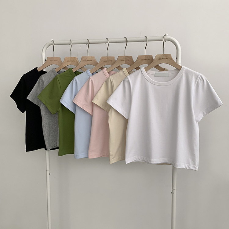 리아니 여름 라운드 면 데일리 무지 세미 크롭 반팔 티셔츠 7color