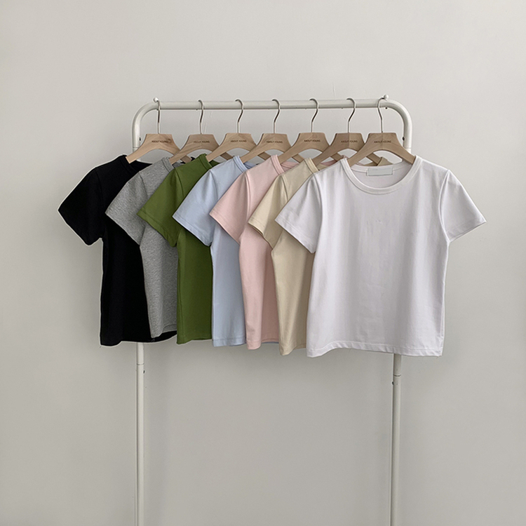 리아니 여름 라운드 면 데일리 무지 세미 크롭 반팔 티셔츠 7color