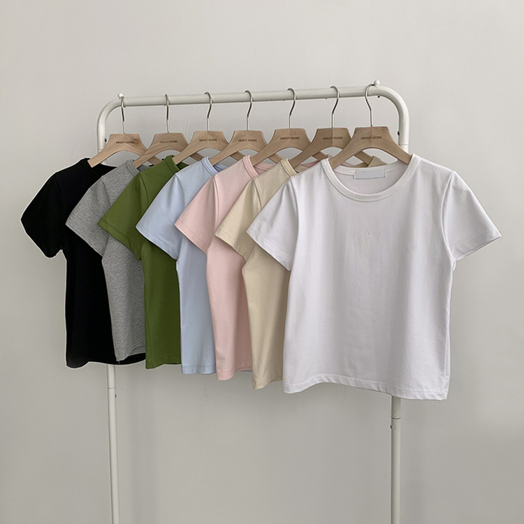 리아니 여름 라운드 면 데일리 무지 세미 크롭 반팔 티셔츠 7color