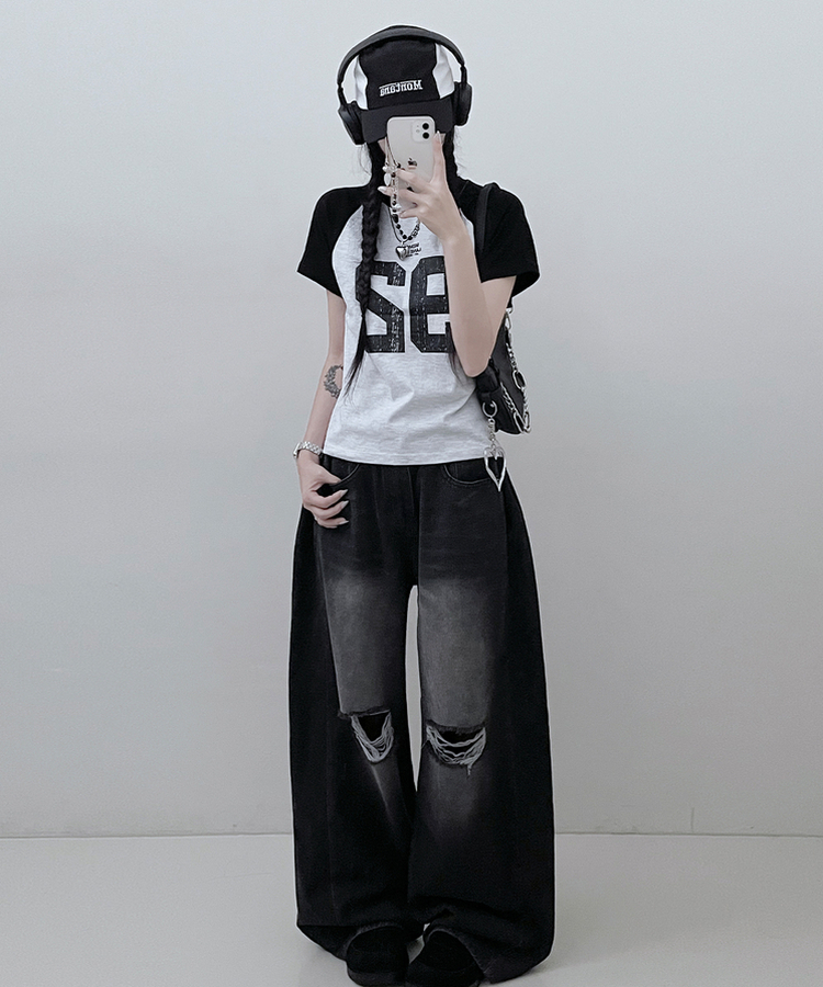 92나그랑배색레터링세미크롭반팔티 백멜란지