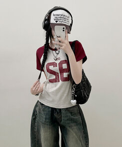 92ナグラン配色セミクロップ半袖Tシャツ OATMEAL