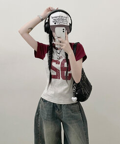 92ナグラン配色セミクロップ半袖Tシャツ OATMEAL