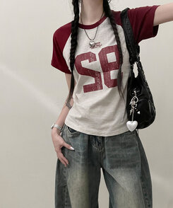 92ナグラン配色セミクロップ半袖Tシャツ OATMEAL