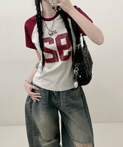 92ナグラン配色セミクロップ半袖Tシャツ OATMEAL