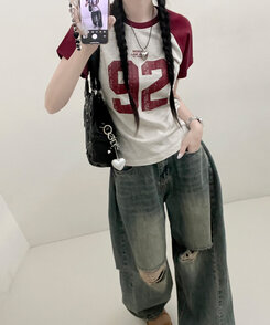 92ナグラン配色セミクロップ半袖Tシャツ OATMEAL