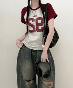 92ナグラン配色セミクロップ半袖Tシャツ OATMEAL