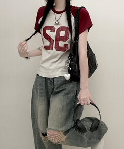 92ナグラン配色セミクロップ半袖Tシャツ OATMEAL