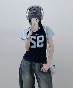 92ナグラン配色セミクロップ半袖Tシャツ NAVY
