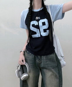 92ナグラン配色セミクロップ半袖Tシャツ NAVY