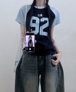 92ナグラン配色セミクロップ半袖Tシャツ NAVY