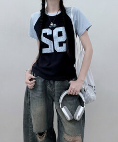 92ナグラン配色セミクロップ半袖Tシャツ NAVY