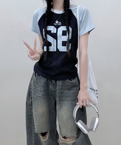 92ナグラン配色セミクロップ半袖Tシャツ NAVY