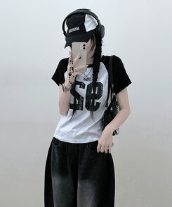 92ナグラン配色セミクロップ半袖Tシャツ MELANGE WHITE