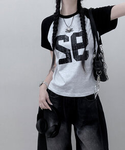 92ナグラン配色セミクロップ半袖Tシャツ MELANGE WHITE