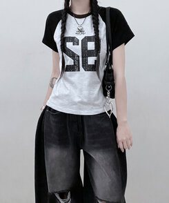 92ナグラン配色セミクロップ半袖Tシャツ MELANGE WHITE