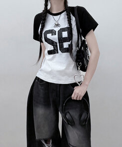 92ナグラン配色セミクロップ半袖Tシャツ MELANGE WHITE