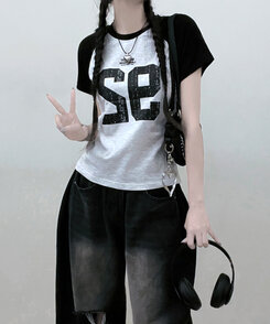 92ナグラン配色セミクロップ半袖Tシャツ MELANGE WHITE