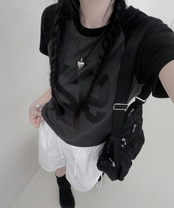 92ナグラン配色セミクロップ半袖Tシャツ CHARCOAL