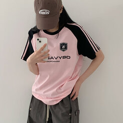 半袖Tシャツ ルーズフィットラグラン配色トラック半袖Tシャツ PINK