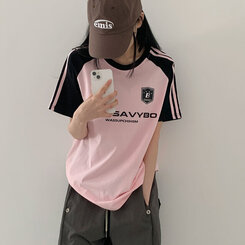 半袖Tシャツ ルーズフィットラグラン配色トラック半袖Tシャツ PINK