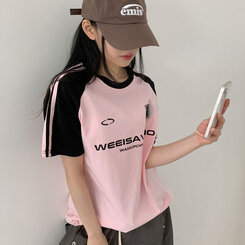 半袖Tシャツ ルーズフィットラグラン配色トラック半袖Tシャツ PINK