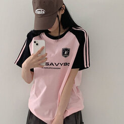 半袖Tシャツ ルーズフィットラグラン配色トラック半袖Tシャツ PINK