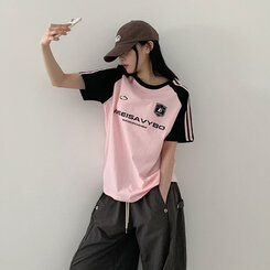 半袖Tシャツ ルーズフィットラグラン配色トラック半袖Tシャツ PINK