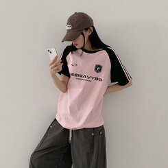 半袖Tシャツ ルーズフィットラグラン配色トラック半袖Tシャツ PINK