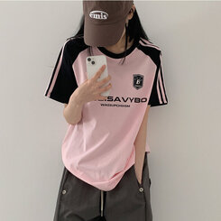 半袖Tシャツ ルーズフィットラグラン配色トラック半袖Tシャツ PINK