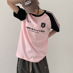 半袖Tシャツ ルーズフィットラグラン配色トラック半袖Tシャツ PINK