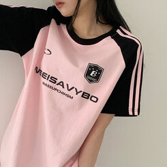 半袖Tシャツ ルーズフィットラグラン配色トラック半袖Tシャツ PINK