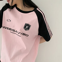 半袖Tシャツ ルーズフィットラグラン配色トラック半袖Tシャツ PINK