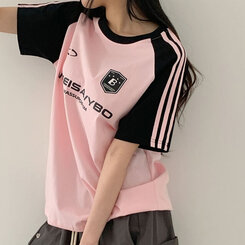 半袖Tシャツ ルーズフィットラグラン配色トラック半袖Tシャツ PINK