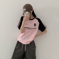半袖Tシャツ ルーズフィットラグラン配色トラック半袖Tシャツ PINK
