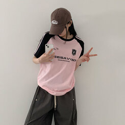 半袖Tシャツ ルーズフィットラグラン配色トラック半袖Tシャツ PINK