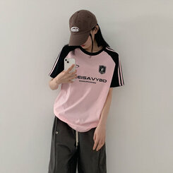 半袖Tシャツ ルーズフィットラグラン配色トラック半袖Tシャツ PINK