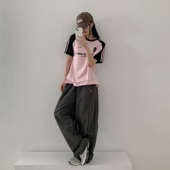 半袖Tシャツ ルーズフィットラグラン配色トラック半袖Tシャツ PINK