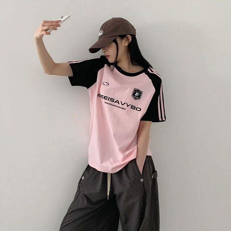 ルーズフィットラグラン配色トラック半袖Tシャツ PINK