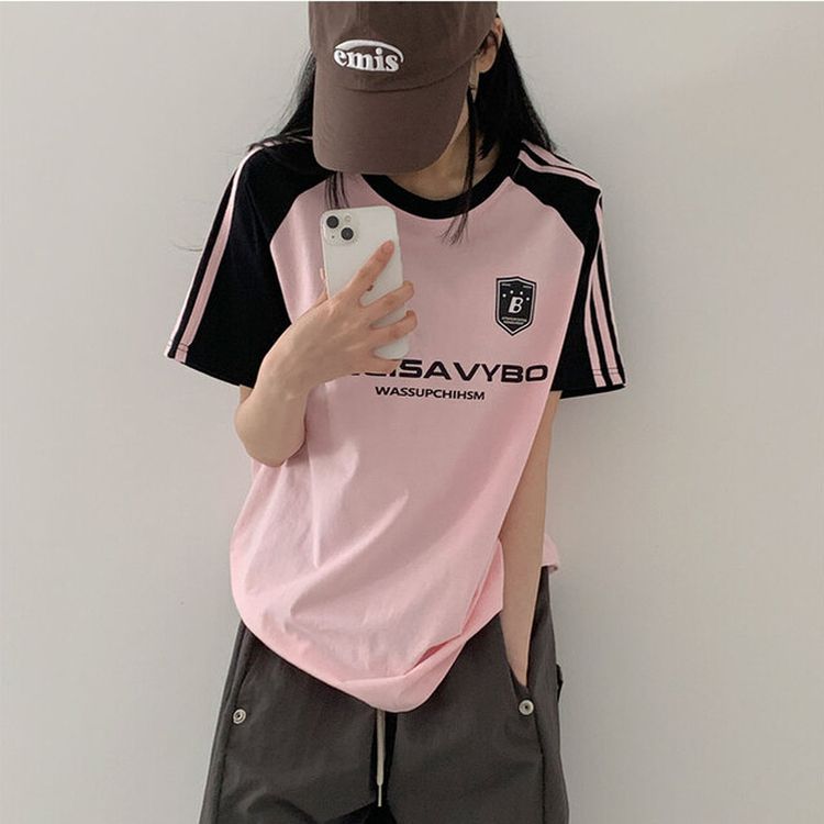 ルーズフィットラグラン配色トラック半袖Tシャツ PINK